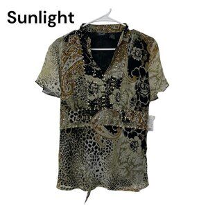 Camille LaVie Y2K Womens SZ L 100% Silk Short Sleeve Top Blouse Gold Sequined